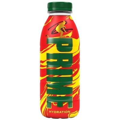 Garrafa de bebida Prime Hydration vermelha, amarela e verde