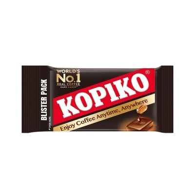Pacote preto de caramelos KOPIKO com texto branco e dourado