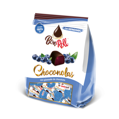 Embalagem azul e branca de chocolates Bon Roll Choconolas com arandos