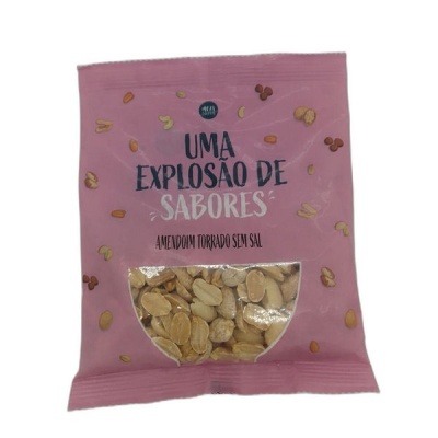 Pacote rosa de amendoim torrado sem sal com texto e janela transparente