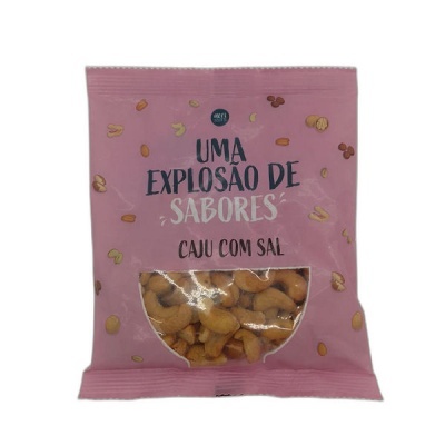 Embalagem rosa de caju com sal com texto e janela transparente