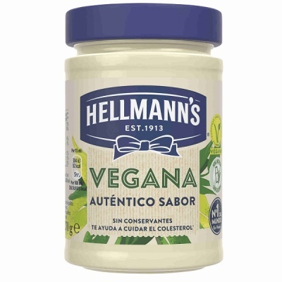 Frasco de maionese vegana Hellmann's com rótulo branco e tampa azul