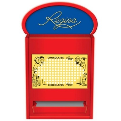 Dispenser vermelho e azul para chocolates com texto e ilustrações