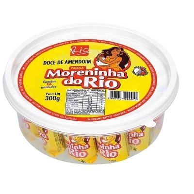 Embalagem redonda de doce de amendoim Paçoca Moreninha do Rio com tampa branca