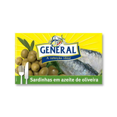 Embalagem de sardinhas em azeite de oliveira da marca GENERAL com azeitonas e sardinhas