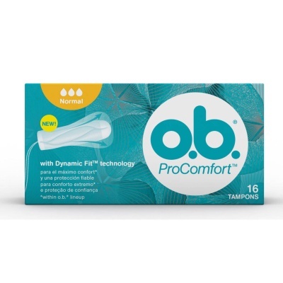 Embalagem azul e verde de tampões o.b. ProComfort Normal