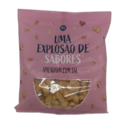 Pacote rosa de amendoim com sal com texto 'UMA EXPLOSAO DE SABORES'