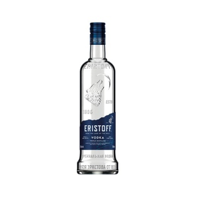Garrafa de vodka ERISTOFF com rótulo azul e desenho de lobo em relevo