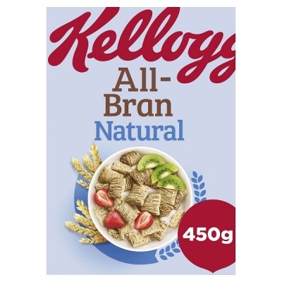 Embalagem de cereal Kelloggs All-Bran Natural 450g com frutas e trigo.