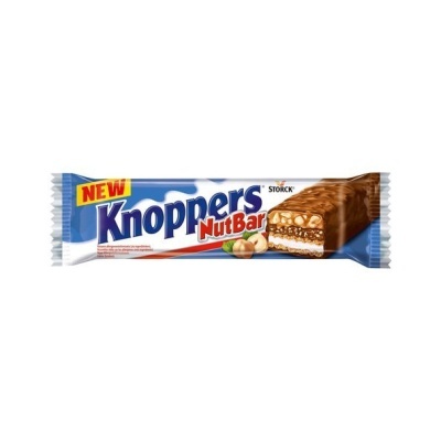 Barra de chocolate Knoppers NutBar com embalagem e barra cortada visível