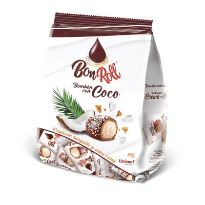 Embalagem de bombons Bon Roll com coco branca e castanha com imagem do bombom e texto
