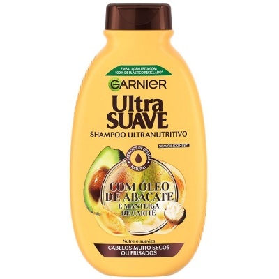 Frasco de shampoo Garnier Ultra Suave com óleo de abacate e manteiga de carité