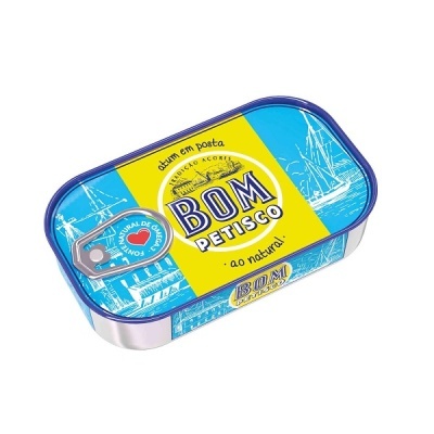 Lata de conserva azul e amarela de atum BOM PETISCO com selo Omega 3