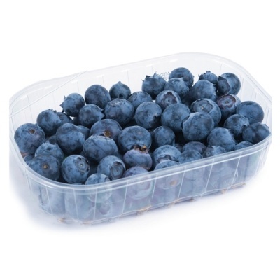 Caixa plástica com mirtilos azuis
