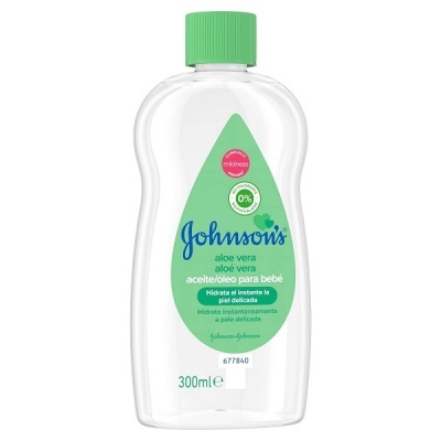 Frasco transparente de óleo para bebé Johnson's com aloe vera, tampa verde e rótulo verde