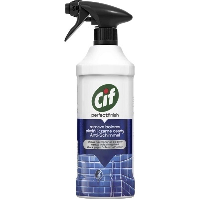 Frasco de pulverizador CIF perfect finish para remover bolores com rótulo azul e branco