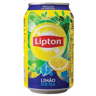 Lata de chá gelado Lipton sabor limão colorida com ilustração de limão