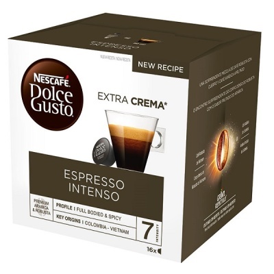 Caixa de cápsulas Nescafé Dolce Gusto Espresso Intenso com chávena de café