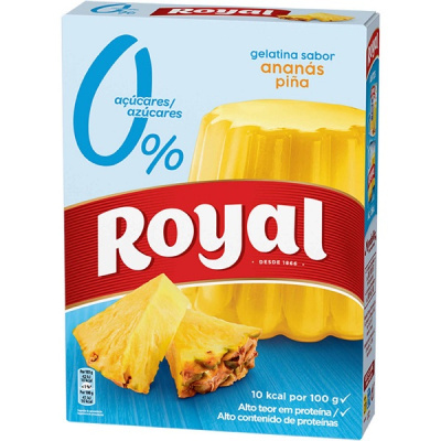 Gelatina sabor ananás Royal em embalagem com imagem de gelatina e pedaços de ananás.