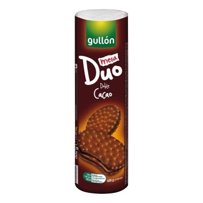 Pacote cilíndrico de biscoitos Duo Mega com dupla camada de cacau da marca Gullón