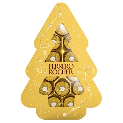 Caixa de chocolates Ferrero Rocher em forma de árvore dourada