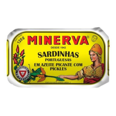 Lata amarela de sardinhas Minerva com texto e ilustração de mulher