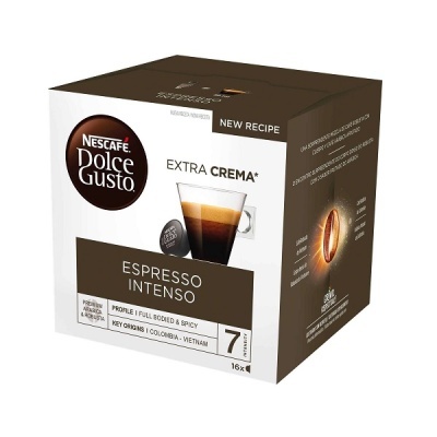 Caixa de cápsulas Nescafé Dolce Gusto Espresso Intenso castanha e branca com texto