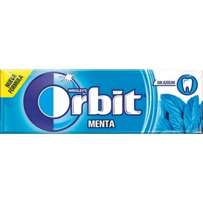 Embalagem de pastilhas Wrigley's Orbit sabor menta azul e branco com texto