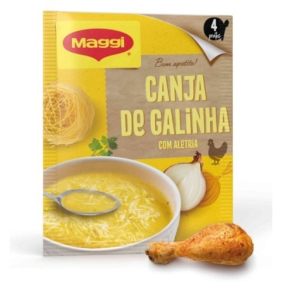 Pacote de sopa Maggi Canja de Galinha com Aletria e ingredientes
