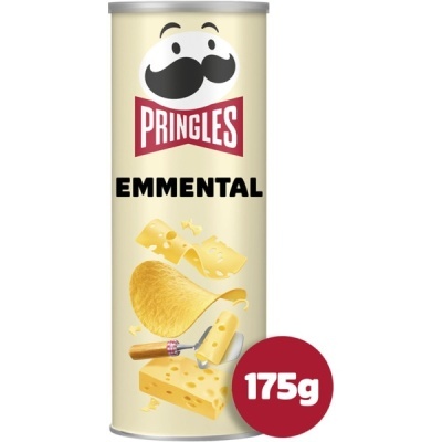 Lata cylindrical Pringles sabor Emmental com imagem de queijo e batatas
