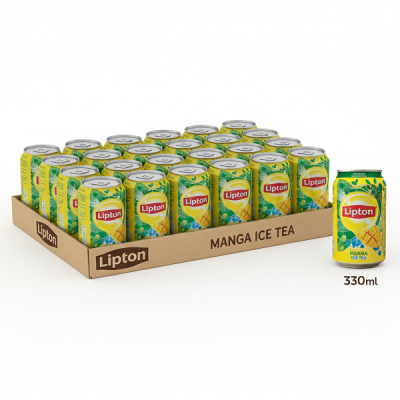 Latas de Lipton Mango Ice Tea em caixa de cartão castanha