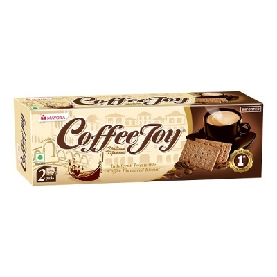 Pacote de bolachas Coffee Joy sabor café com chávena de café e bolachas.