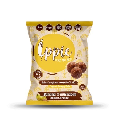 Pacote amarelo de bolas energéticas orgânicas sabor banana e amendoim
