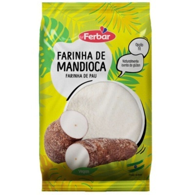 Pacote amarelo de farinha de mandioca Ferbar com texto e imagem de mandioca