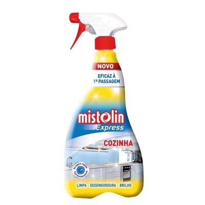 Spray de limpeza Mistolin Express cozinha com rótulo colorido e spray vermelho e branco