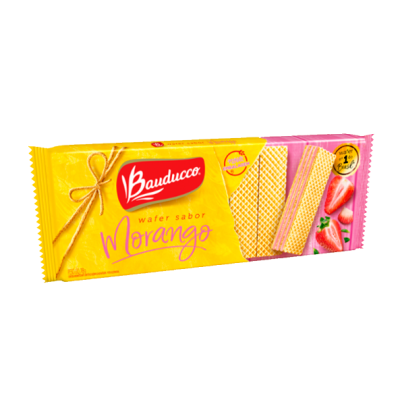 Embalagem wafer sabor morango Bauducco amarela e rosa com imagem das bolachas e morangos