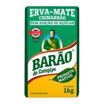 Pacote de erva-mate Barão de Cotegipe verde com texto e figura de um homem