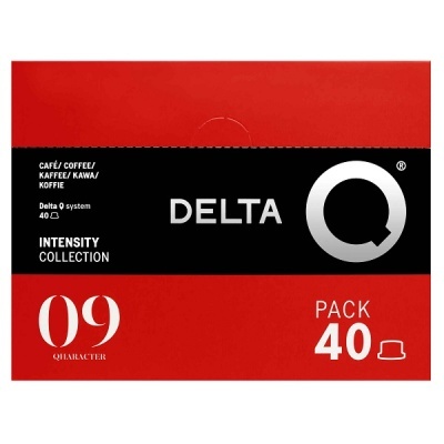 Embalagem vermelha e preta de cápsulas de café Delta Q intensidade 09, pack 40
