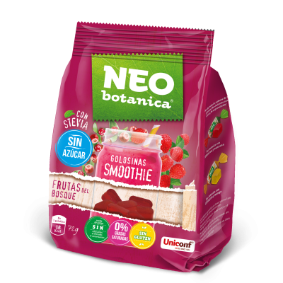 Pacote rosa e verde de gomas smoothie NEO botanica sabor frutos do bosque