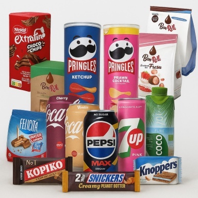 Diversos produtos alimentares incluindo bolachas, batatas Pringles, refrigerantes, água e barras de chocolate