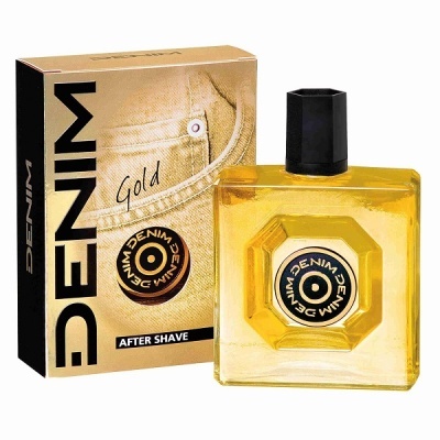 Frasco de after shave amarelo com embalagem DENIM Gold