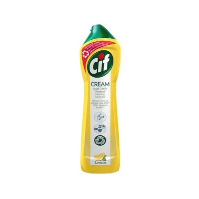 Frasco amarelo e verde de creme de limpeza Cif Lemon
