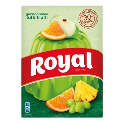 Embalagem de gelatina Royal sabor tutti frutti verde com frutas na frente