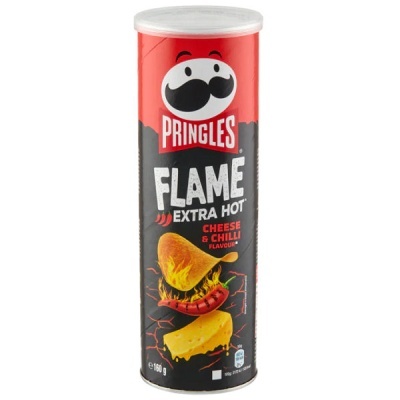 Pacote cilíndrico de batatas fritas Pringles Flame Extra Hot Cheese & Chilli 180g