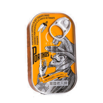Lata metálica de sardinhas portuguesas Porthos em molho de tomate picante com ilustração vintage