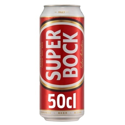 Lata vermelha, branca e dourada de cerveja Super Bock 50cl.