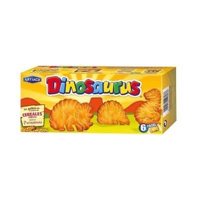 Caixa amarela de biscoitos Dinosaurus com desenhos de dinossauros e texto explicativo