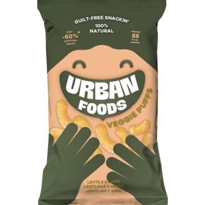 Embalagem de snack Urban Foods Veggie Puffs verde-oliva com texto branco e castanho