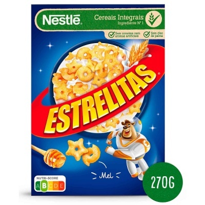 Pacote azul de cereais integrais Estrelitas da Nestlé com mel e flocos em forma de estrelas