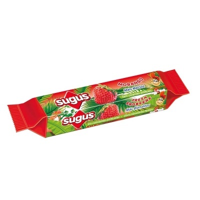 Pacote de gomas Sugus sabor morango com embalagem vermelha e imagens de morangos.